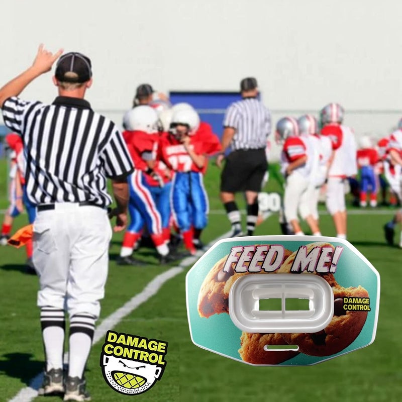 DAMAGE CONTROL Youth Football Mouth Guard – Breathable No Boil Mouthpiece, Protects Lips & Teeth, Works with Braces, Includes Helmet Strap – Sports Gear & Accessories (Feed Me!) - Image 5